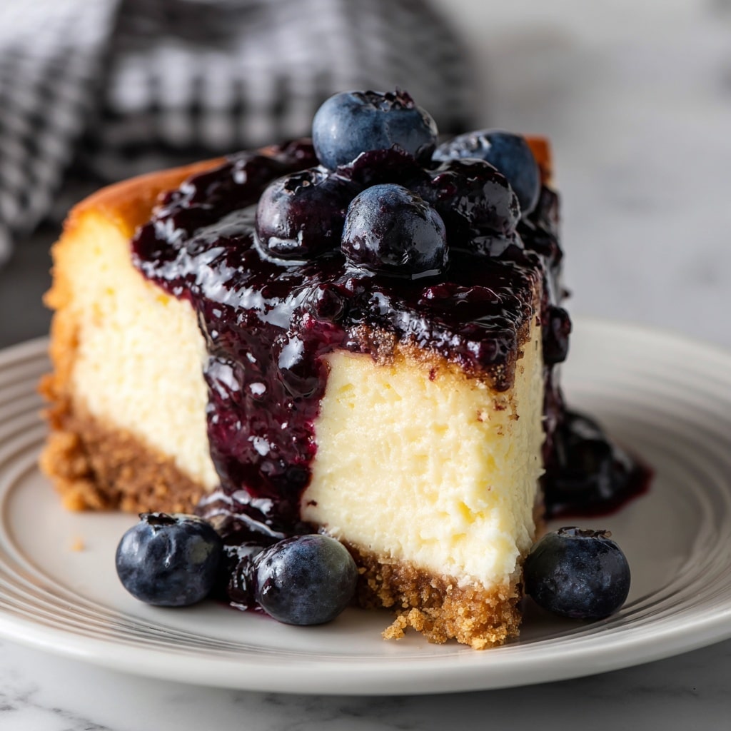 A thick cheesecake with a smooth, golden brown crust on the bottom and sides, topped with a glossy, deep purple blueberry sauce that covers the entire surface. On top, a small cluster of fresh, plump blueberries sits in the center, adding texture and a fresh contrast. The cheesecake is sitting on a wooden board with a white marbled texture underneath. Photo taken with an iphone --ar 4:5 --v 7