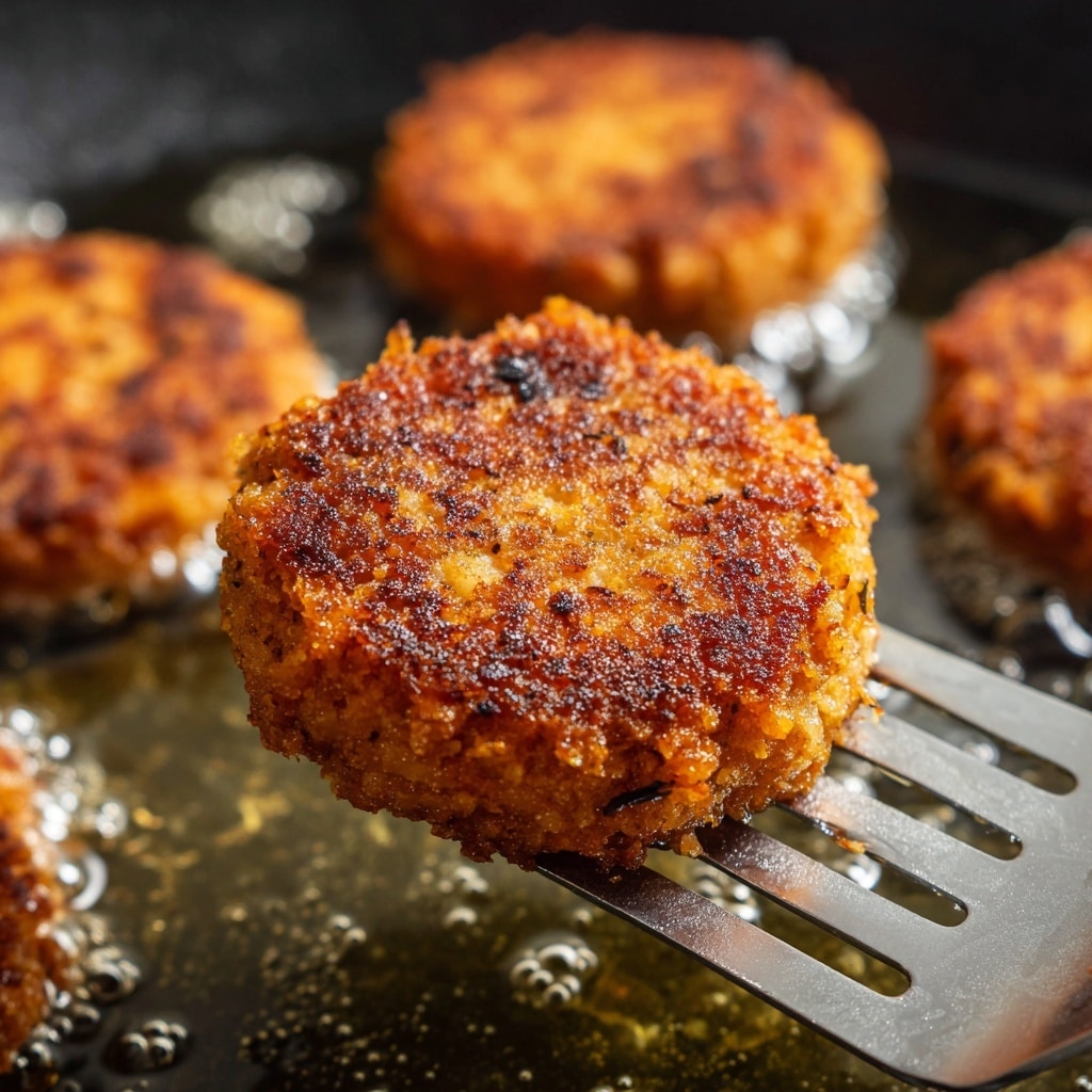 The image shows a close-up of a crispy, golden-brown patty with a rough texture, held up by a metal spatula above hot, glistening oil in a pan. The patty has a rich orange and yellow color with darker browned spots, showing it is fried to a crunchy finish. In the background, three similar patties are cooking in the oil, slightly blurred but matching the same colors and textures. The pan surface is dark but the focus is on the fried patties. photo taken with an iphone --ar 4:5 --v 7