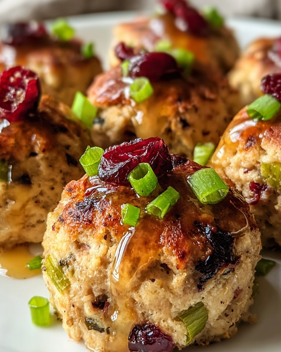 The image shows several golden-brown baked patties with a rough texture, dotted with small pieces of green celery and dark red cranberries inside. Each patty is topped with a shiny, slightly thick golden sauce, and more small pieces of bright green chopped scallions and glistening cranberries are scattered on top. The patties sit close together on a white plate against a soft-focused background. photo taken with an iphone --ar 4:5 --v 7