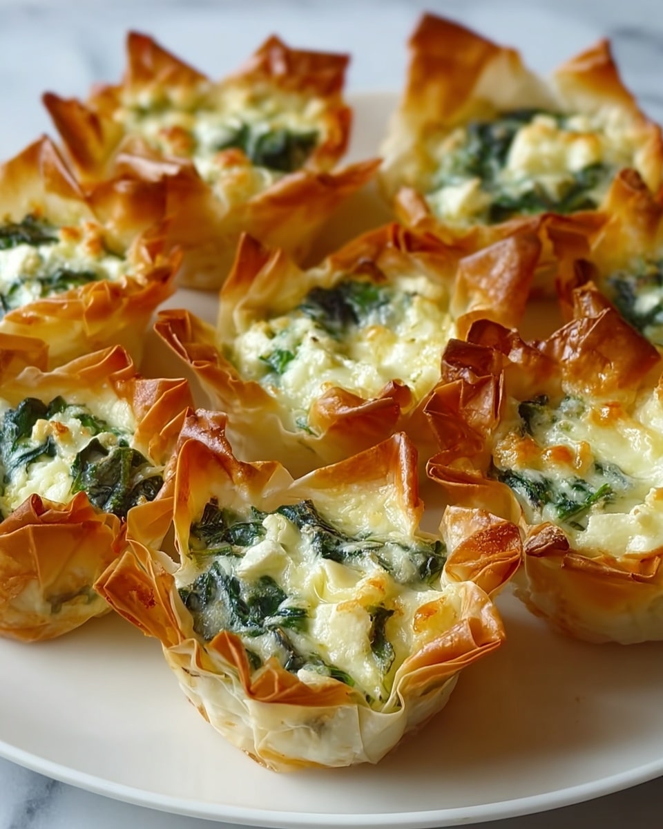 The image shows several small filo pastry cups on a white plate set on a white marbled surface. Each cup is golden brown and crisp, with the edges browned and flaked upwards like petals. Inside each cup, there are two layers visible: a bottom layer of cooked green spinach leaves and a top layer of melted cheese that is lightly browned and bubbly, covering the spinach. The texture of the cheese is creamy with some toasted spots, while the filo layers are flaky and thin, giving a contrast of soft and crunchy textures. photo taken with an iphone --ar 4:5 --v 7