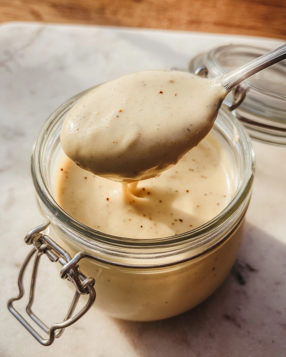 A glass jar filled with a smooth and creamy white sauce that has tiny black and green herb specks mixed throughout, showing a slightly glossy texture on the surface. A silver spoon with a detailed handle is dipped into the sauce, creating a gentle swirl in the middle layer of the sauce. The jar is placed on a white marbled surface. photo taken with an iphone --ar 4:5 --v 7