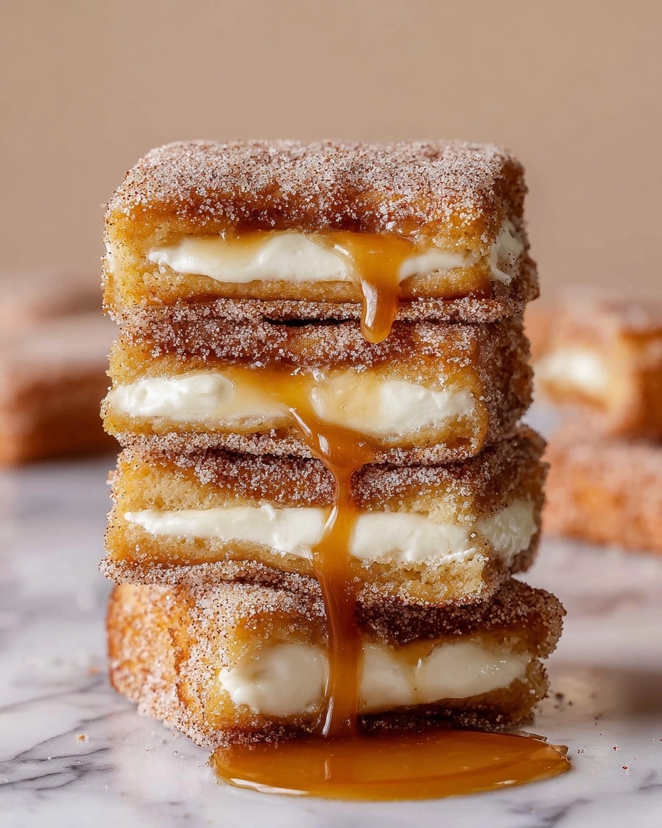 A stack of four square dessert pieces is shown close up, each piece having three layers. The top and bottom layers are a light golden brown fried dough coated in a mix of cinnamon and sugar, giving it a slightly rough texture. The middle layer is creamy white, smooth, and thick, resembling a cream filling. Some pieces have a shiny caramel sauce that is dripping slightly down the sides. The stack sits on a white marbled surface with a small pool of caramel next to it. Photo taken with an iphone --ar 4:5 --v 7