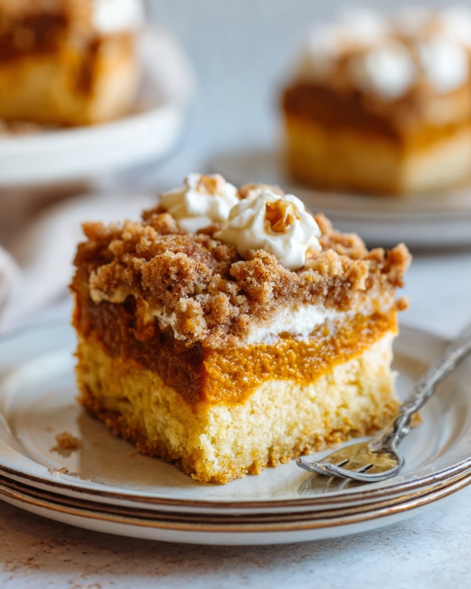 A close-up of a slice of layered cake on a white plate with a fork beside it, sitting on a white marbled surface. The bottom layer is light golden and crumbly, with a dense texture. Above it is a thick, caramel-colored layer filled with small bits of nuts or fruit, slightly sticky and textured. The top layer is golden brown with a crumbly, streusel-like texture and some visible nuts. On top of the cake slice are three small dollops of white whipped cream, each dusted lightly with a sprinkle of cinnamon or cocoa powder. In the background, the rest of the cake is softly blurred. photo taken with an iphone --ar 4:5 --v 7