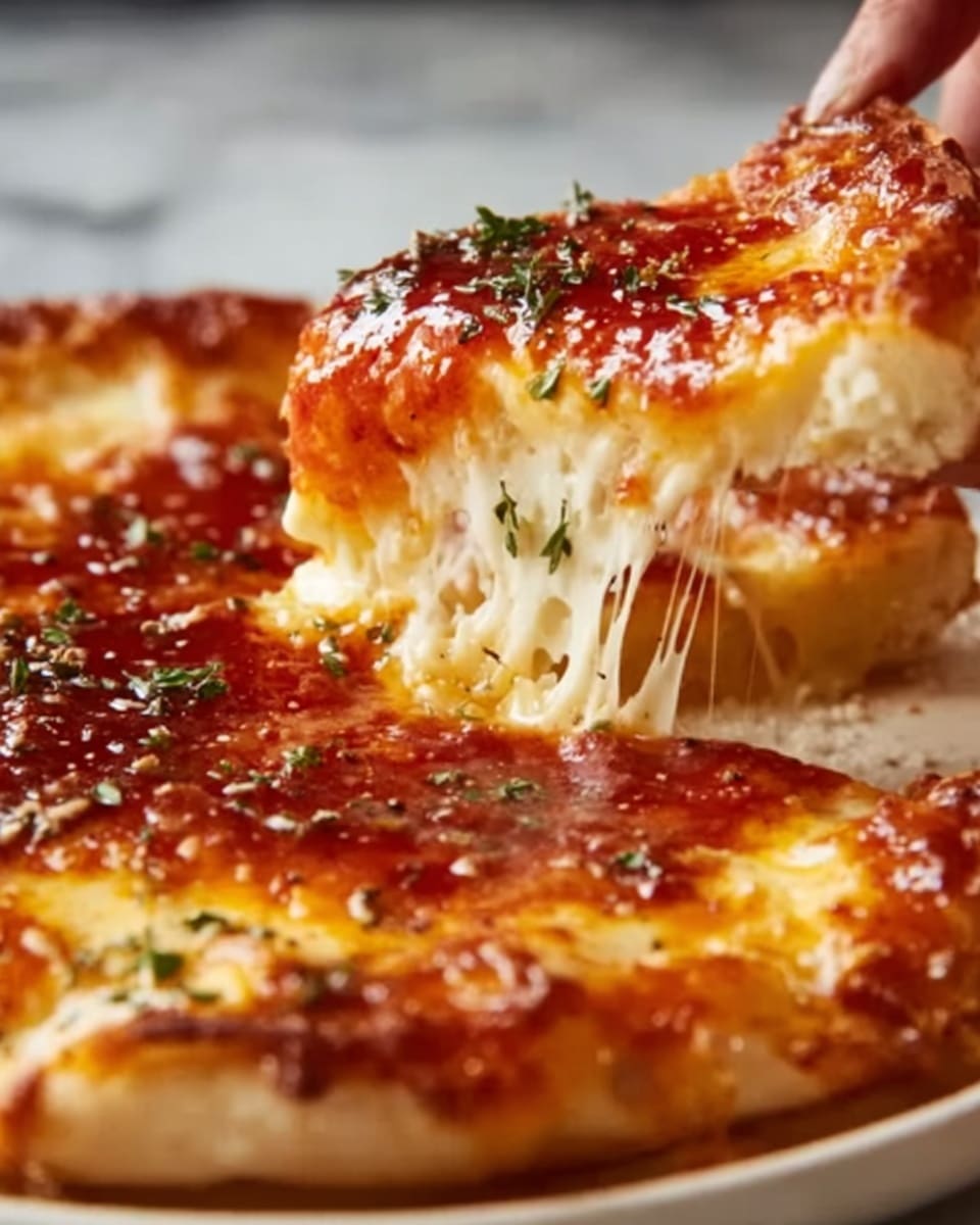 The image shows a close-up of a pizza slice being lifted, revealing stretchy melted cheese between the slice and the rest of the pizza. The pizza has a golden-brown crust with a layer of bright red tomato sauce and melted cheese that looks oily and slightly browned on top. Small green herbs are sprinkled over the cheese, adding color and texture. The background is a white marbled surface. A woman's hand is gently lifting the pizza slice, emphasizing the gooey cheese stretch. photo taken with an iphone --ar 4:5 --v 7