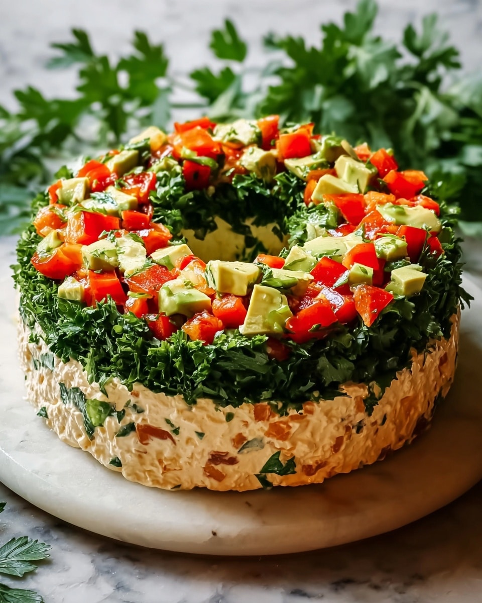 A round wreath-shaped dish sits on a white marbled surface, composed of three main layers. The base layer is light cream-colored, textured with soft, chunky pieces. Above this is a thick middle layer of green leafy parsley that looks fresh and full. The top layer is scattered with small cubes of bright red tomatoes and green avocado, adding vibrant colors across the green herb base, creating a festive look. Photo taken with an iphone --ar 4:5 --v 7