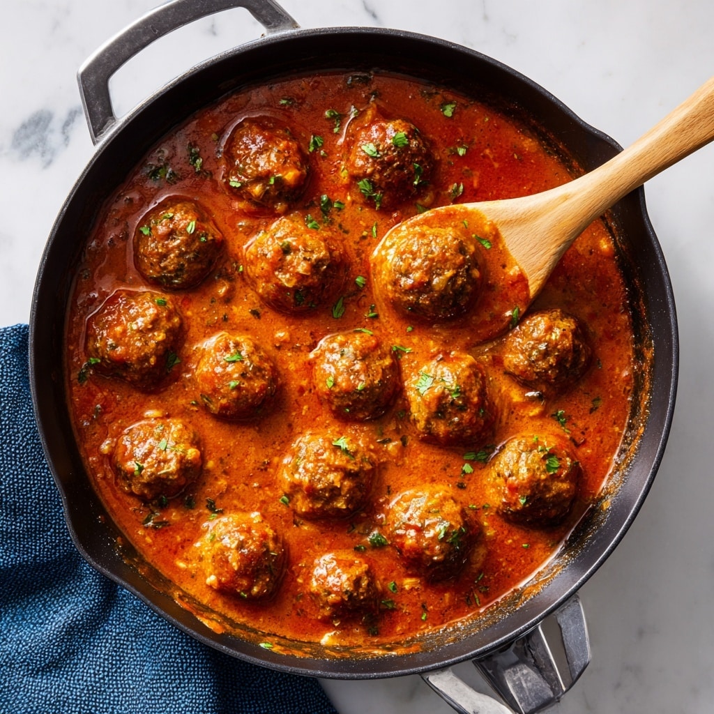 A close-up view of a black cast iron pan filled with rich, thick reddish-brown sauce and round meatballs evenly spread in the pan. The sauce has a creamy texture with visible herbs and small chunks. A light wood spoon holding one meatball covered in the sauce rests inside the pan, angled towards the front. The pan is set on a white marbled surface with a blue textured cloth partially underneath. photo taken with an iphone --ar 4:5 --v 7