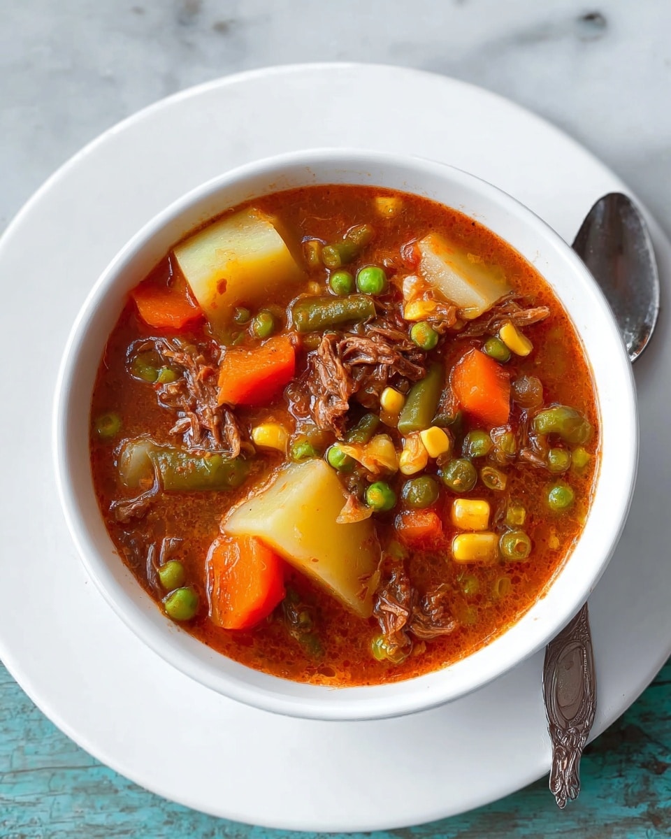 A white bowl filled with thick beef stew on a white plate, showing multiple layers of ingredients in a rich reddish-brown broth. The stew has large pieces of soft potato with a pale yellow color, bright orange carrot slices, green peas, yellow corn kernels, and green beans scattered throughout. Shredded tender beef pieces are mixed evenly into the stew, adding a textured brownish layer. The bowl is placed on a white marbled surface with a silver spoon resting on the plate behind the bowl. photo taken with an iphone --ar 4:5 --v 7