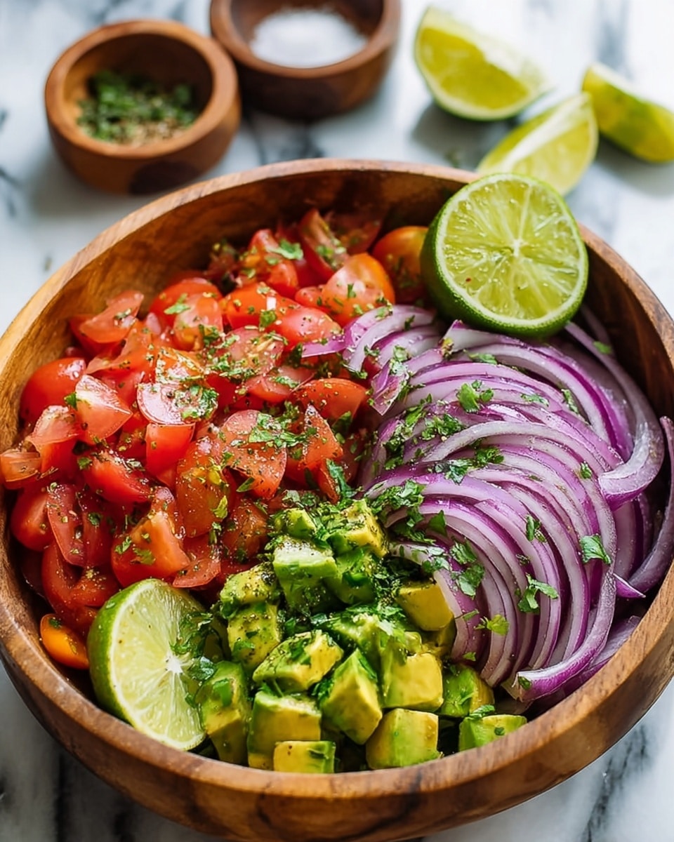 The image shows a wooden bowl filled with a fresh salad arranged in four main layers. On the left side, there are chopped red tomatoes with a juicy and glossy texture. Moving to the center, there are thin, curved slices of purple onion layered in a neat pile. To the right, there are small chunks of green avocado with a creamy texture. Each layer is sprinkled with finely chopped green herbs, likely cilantro. Two lime wedges are placed on the edge of the bowl on the right side, adding bright green color. In the background, there are small wooden bowls with spices and salt, all on a white marbled surface. photo taken with an iphone --ar 4:5 --v 7