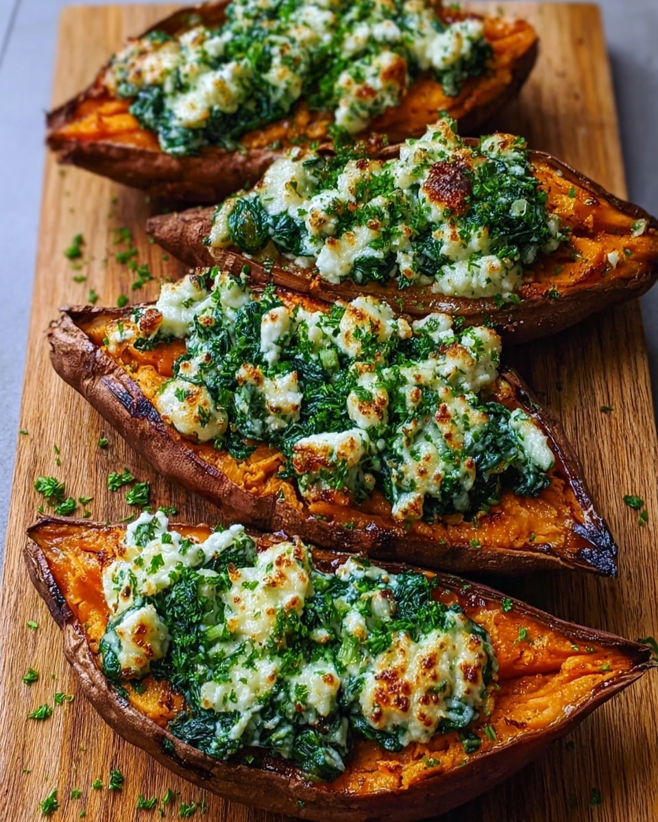 The image shows four pieces of roasted sweet potato halves arranged in a row on a wooden board, each piece has three layers: the base is the orange roasted sweet potato flesh with a slightly charred skin, the middle layer is a green spinach mixture covering the potato evenly, and the top layer is crumbled white cheese with lightly browned spots, sprinkled with small green herbs. The wooden board has scattered green herb leaves around the potatoes and the background has a white marbled texture. photo taken with an iphone --ar 4:5 --v 7