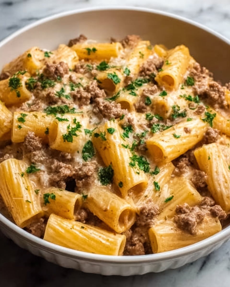 A close-up view of a white bowl filled with rigatoni pasta mixed with small pieces of browned ground meat, all coated in a creamy, light brown sauce. The pasta tubes are thick, smooth, and slightly glossy, with the meat evenly scattered throughout the dish. Finely chopped green herbs are sprinkled on top, adding a fresh touch of color. The bowl rests on a white marbled surface, creating a clean and simple background. photo taken with an iphone --ar 4:5 --v 7