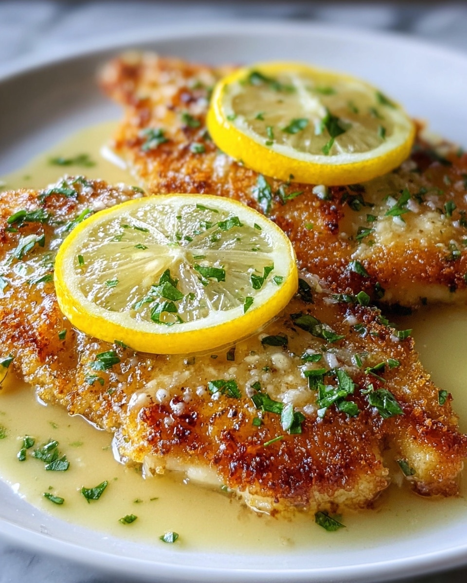 Two golden brown, crispy fish fillets sit on a white plate, each topped with a thin, translucent yellow lemon slice and sprinkled with bright green chopped herbs. The fish has a crunchy textured crust and the sauce underneath is pale yellow and glossy, pooling slightly around the fillets. The close-up view shows the juicy, tender fish beneath the crust, glistening with moisture. The background is a white marbled texture creating a clean and fresh look. photo taken with an iphone --ar 4:5 --v 7