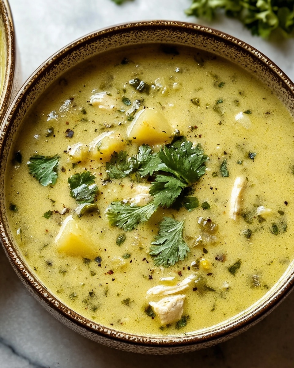 A brown bowl filled with creamy yellow soup featuring chunks of white chicken meat and light yellow potato pieces, scattered with small green herbs and black pepper bits throughout the soup. On top, a couple of fresh green cilantro leaves lie as a garnish. The bowl sits on a white marbled surface with some cilantro leaves partially visible in the background. photo taken with an iphone --ar 4:5 --v 7