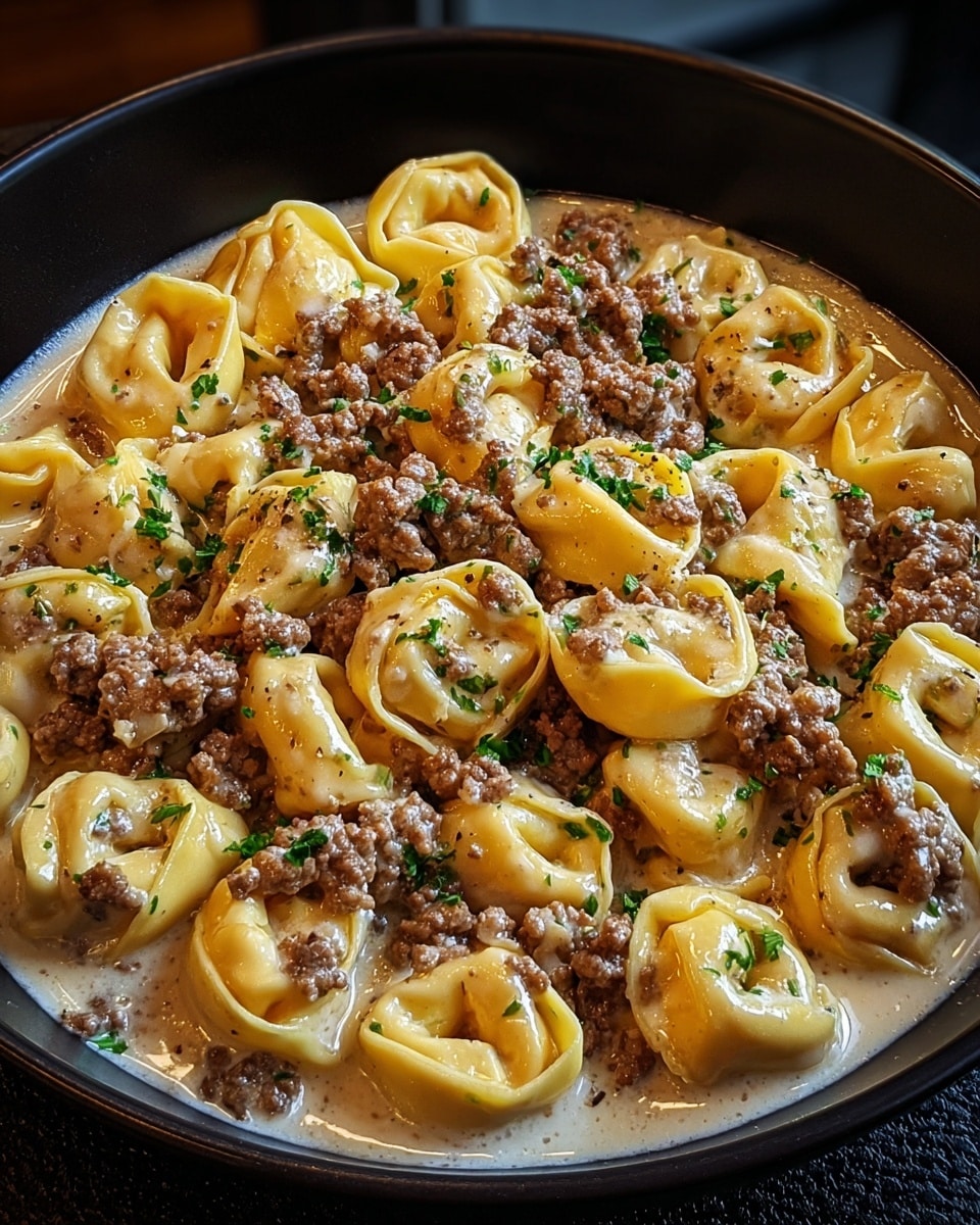 A close-up view of a black bowl filled with three layers: the bottom creamy beige sauce base with a smooth, shiny texture, the middle layer of browned ground meat bits spread evenly, and the top layer of plump, golden-yellow tortellini pasta arranged closely together. Small green herb flakes are sprinkled over the dish, adding scattered touches of color. The bowl sits on a white marbled surface with blurred warm background colors. Photo taken with an iphone --ar 4:5 --v 7