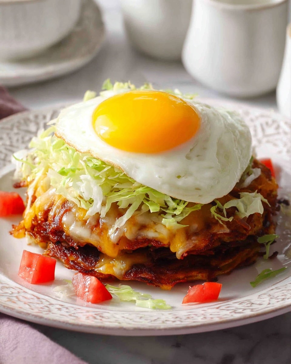 A stack of three thick, crispy brown pancakes with a melted golden cheese layer on top, followed by shredded green lettuce, and crowned with a bright sunny yellow and white fried egg; the dish is served on a detailed white plate, with small diced red tomatoes around the base, all set on a white marbled texture. photo taken with an iphone --ar 4:5 --v 7