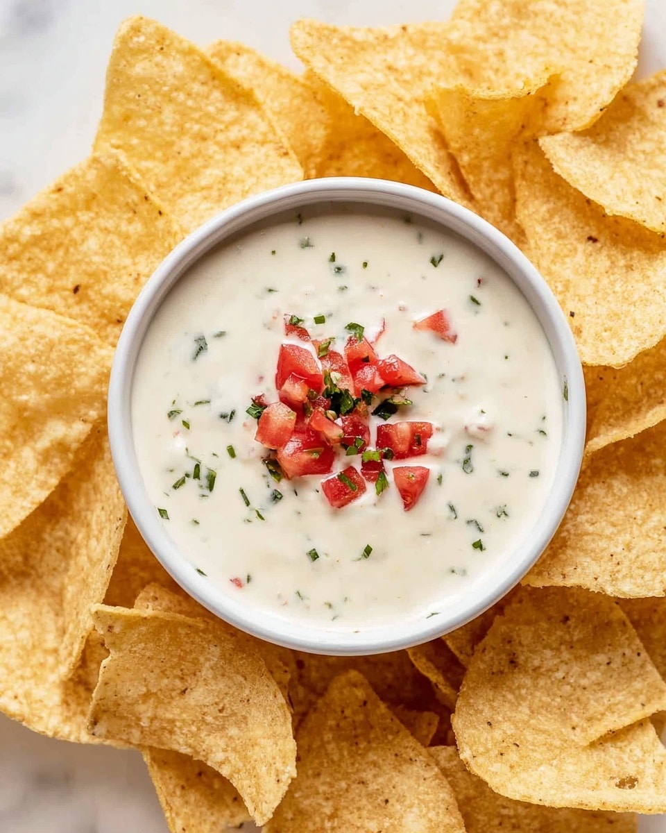 A white bowl filled with creamy white dip that has small pieces of red and green herbs mixed inside, placed in the center of a round white plate. Surrounding the bowl are many light golden crispy tortilla chips with a rough texture and some green specks, slightly overlapping each other. The whole setup is on a white marbled surface, with soft natural light highlighting the smooth texture of the dip and the crunchy texture of the chips. photo taken with an iphone --ar 4:5 --v 7