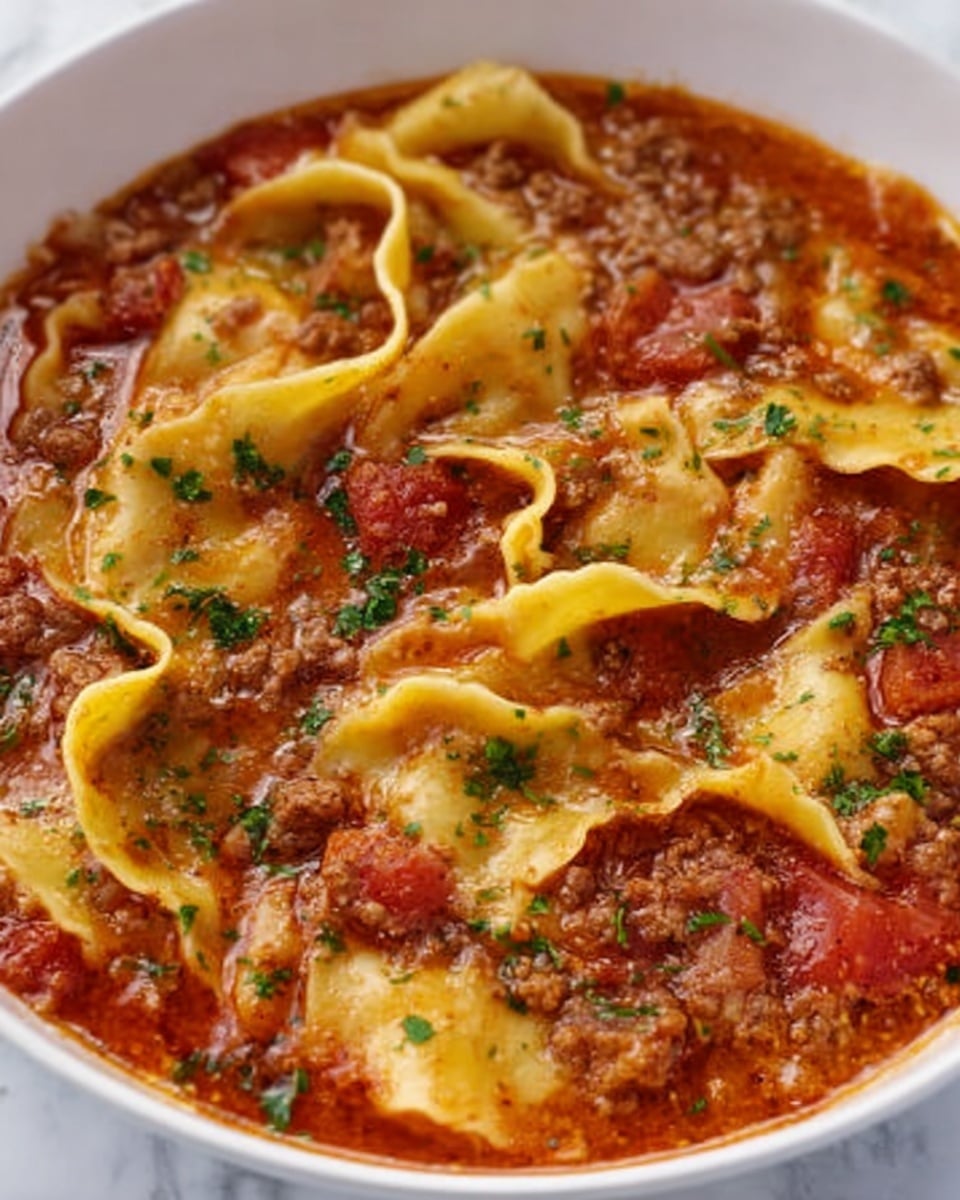 The image shows a close-up of a white bowl filled with a lasagna soup. The soup has several layers, with wide, flat pasta noodles floating on top, their edges curled and textured, in a pale yellow color. Below the pasta is a rich red tomato broth with ground meat and small tomato pieces. There are green parsley sprinkles scattered on the noodles and broth, adding contrast to the red and yellow colors. The surface underneath the bowl is a white marbled texture. Photo taken with an iphone --ar 4:5 --v 7