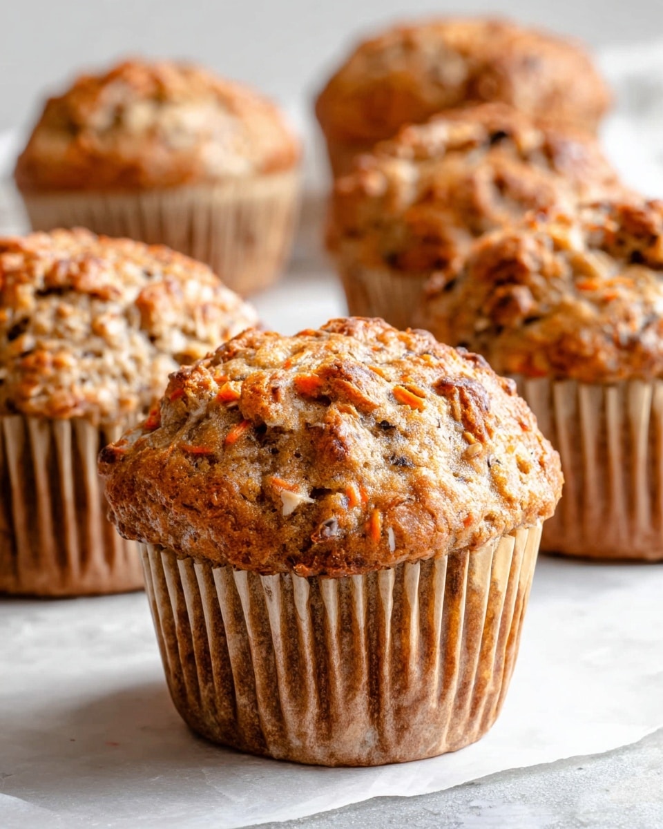 The image shows a group of six brown muffins with a rough, slightly crispy texture on top, sitting on white parchment paper over a white marbled surface. One muffin is broken in half in the foreground, revealing a soft, moist inside with visible orange shredded carrot pieces dispersed throughout. The muffins have crinkled brown paper liners around their base, and their tops are uneven with some cracks. The background is softly blurred with more muffins visible, creating depth. photo taken with an iphone --ar 4:5 --v 7