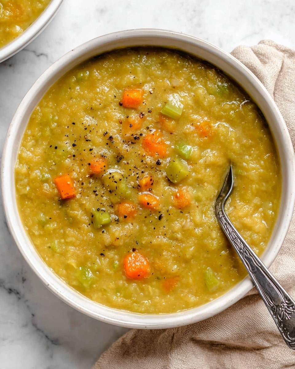 A bowl filled with thick green pea soup showing a chunky texture mixed with small pieces of bright orange carrots and green celery. The soup has a glossy surface with specks of black pepper scattered on top. A silver spoon is placed inside the bowl, which is white with a slight speckled design. The bowl sits on a white marbled surface next to a light beige cloth. Photo taken with an iphone --ar 4:5 --v 7