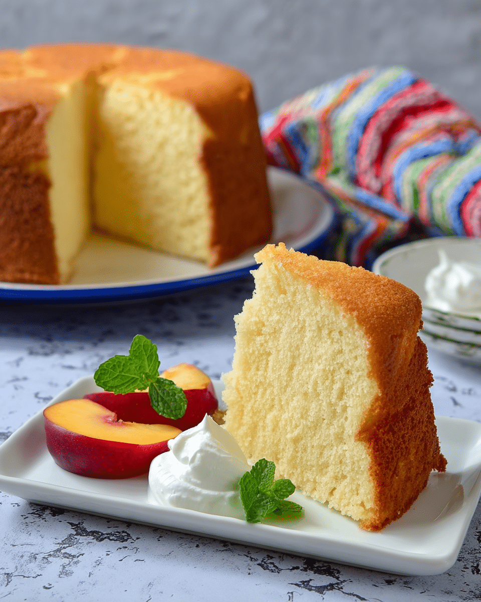 A thick slice of yellow sponge cake with a light brown crust sits on the left side of a small white rectangular plate, showing a soft and airy inside with a crumbly texture. Next to the cake on the right side of the plate, there is a small dollop of white cream topped with two slices of reddish-orange fruit and a small green mint leaf for garnish. Behind the plate, a large round cake with the same yellow and brown colors is cut in half, showing the same soft texture inside. The background surface is white with a marbled texture, and a colorful cloth with stripes is partially visible near the large cake. Photo taken with an iphone --ar 4:5 --v 7