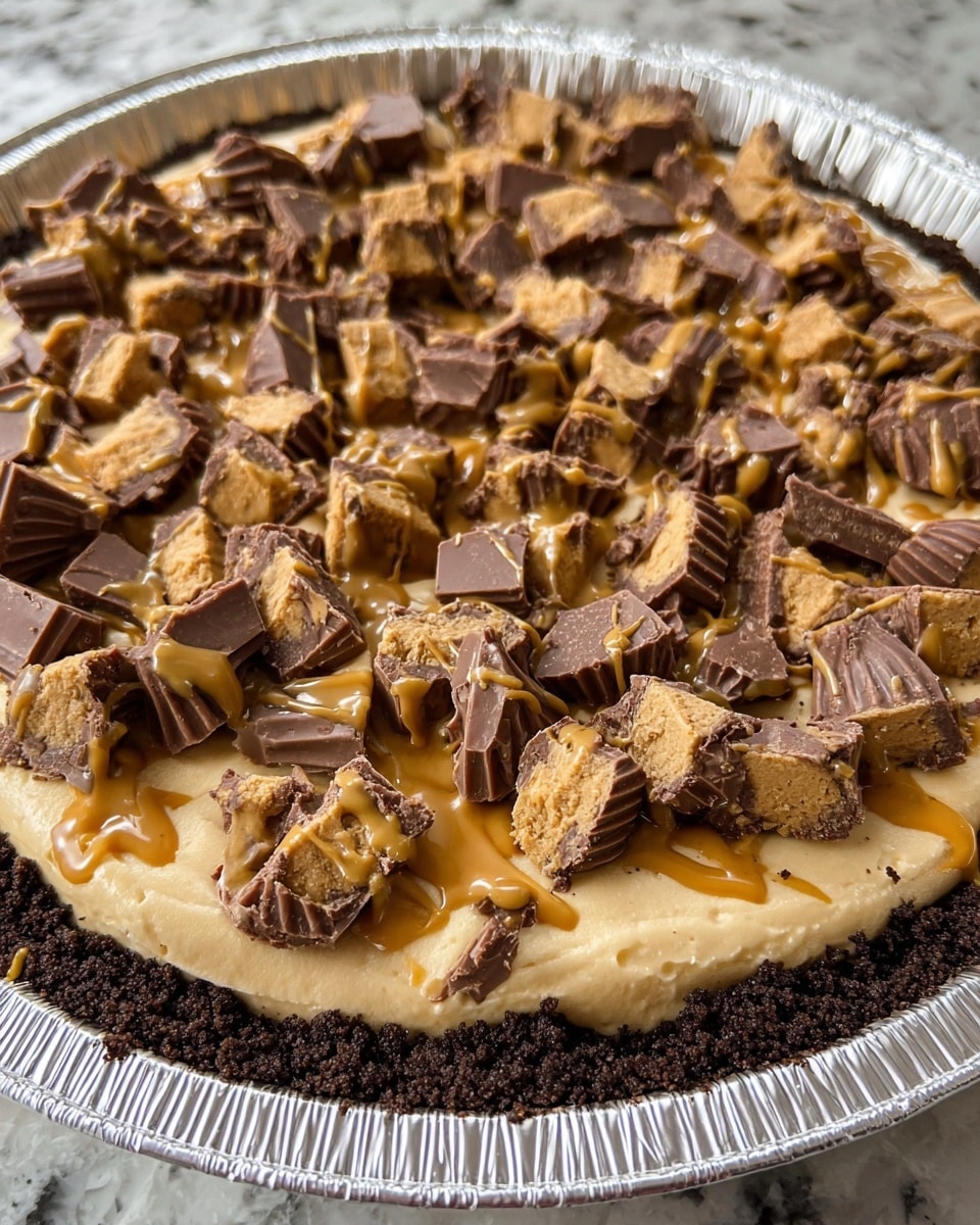 A pie is shown inside a shiny aluminum pie dish, resting on a white marbled texture countertop. The pie has two layers: the bottom layer is a dark brown crust that lines the dish, showing crumbly texture, and the top layer is a thick, creamy, light brown filling spread evenly with visible swirling patterns on the surface. The background also features a white marbled texture. photo taken with an iphone --ar 4:5 --v 7