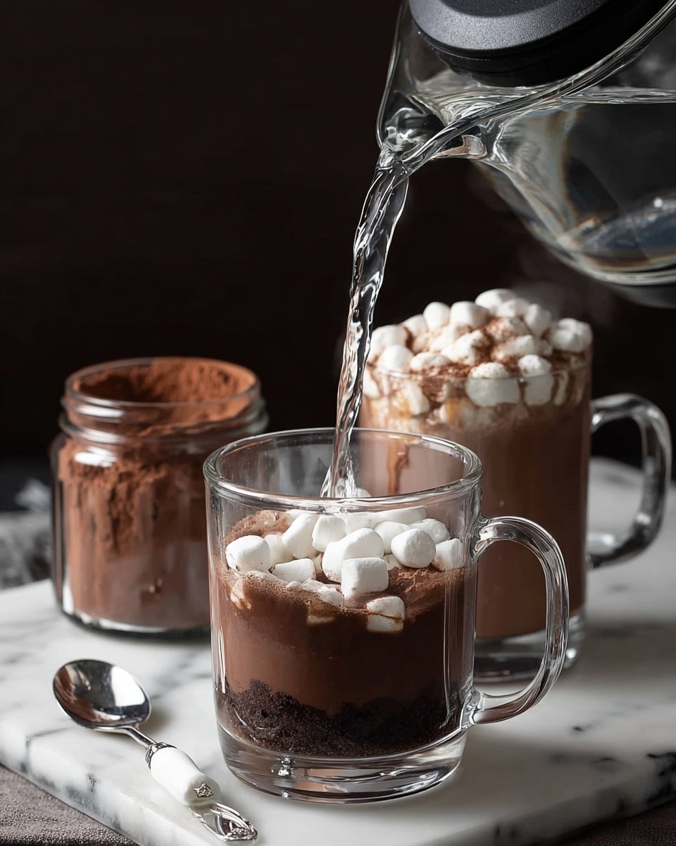 A clear glass mug is shown with three visible layers inside: at the bottom is a dark brown cocoa powder layer, on top of it are small white marshmallows, and clear water is being poured into the mug from a black teapot, creating a steam effect. Behind this mug is another clear glass filled with a rich brown hot chocolate topped with white marshmallows and a light drizzle of caramel or syrup. In the background, there is a glass jar filled with cocoa powder. A silver spoon with a white handle lies near the front. The full scene rests on a white marbled surface with a dark background. photo taken with an iphone --ar 4:5 --v 7