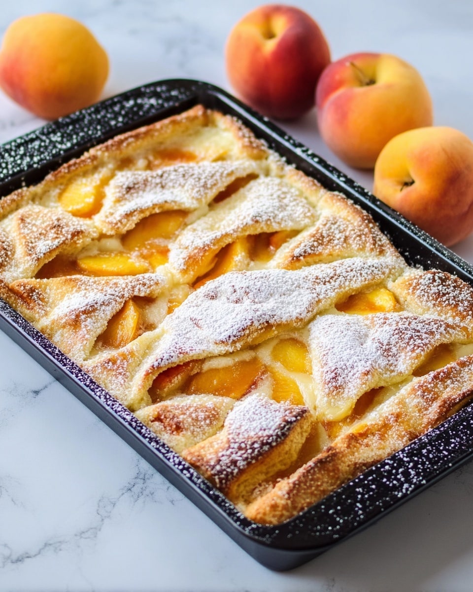 The image shows a baked peach cobbler in a black rectangular baking pan placed on a white marbled surface. The top layer is golden brown dough with uneven folds creating several triangle shapes, some edges lifted to reveal the bright orange peach filling underneath. The peaches are soft and juicy, visible through the gaps in the dough. The entire dish is dusted lightly with white powdered sugar. There are three whole peaches placed on the white marbled surface next to the pan. Photo taken with an iphone --ar 4:5 --v 7