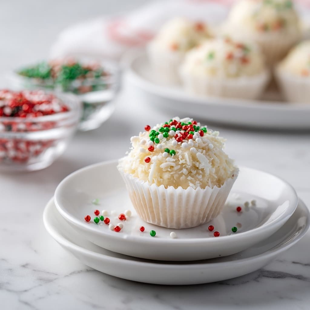 A single round treat sits in the center of a white plate, layered on top of another white plate, placed on a white marbled surface. The treat has a creamy base, coated with white shredded bits that look soft and slightly sticky. On top, there are small round sprinkles in red, green, and white colors, some scattered around the base on the plate. In the blurred background, there are small clear bowls filled with more of these red, green, and white sprinkles, and a white plate holding similar creamy round treats. The overall look is clean and bright, highlighting the creamy and festive details of the treat. photo taken with an iphone --ar 4:5 --v 7