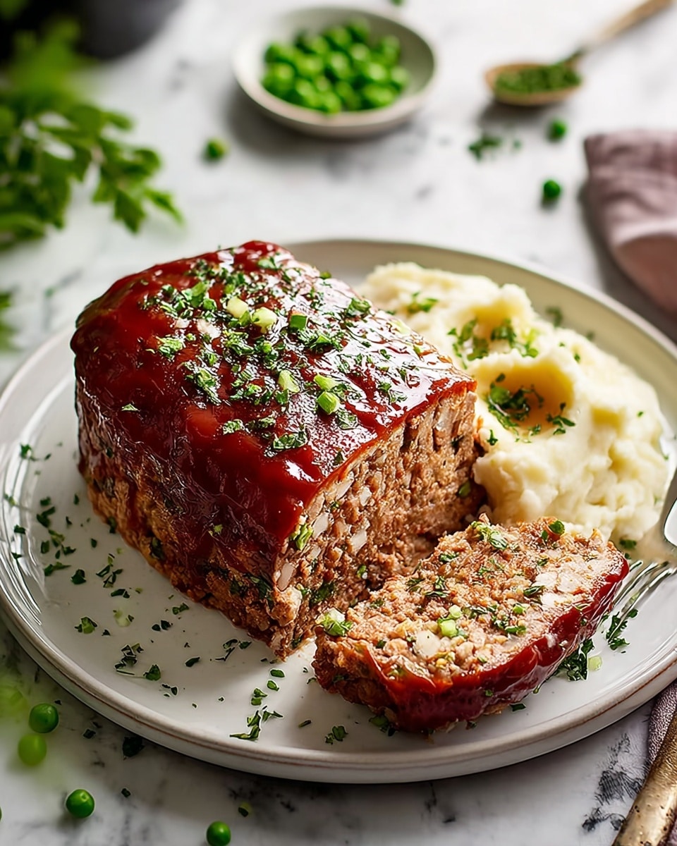 A loaf-shaped meatloaf with a shiny, rich reddish-brown glaze covers the top and sides, sprinkled with small green herb bits. It is placed on a white plate with two layers: the meatloaf itself with a coarse, textured inside showing bits of other ingredients and a thick shiny sauce underneath. Next to the meatloaf is a serving of light beige mashed potatoes with a smooth texture. The plate rests on a white marbled surface with scattered green herbs and peas nearby. A fork lies beside the mashed potatoes on the plate. Photo taken with an iphone --ar 4:5 --v 7