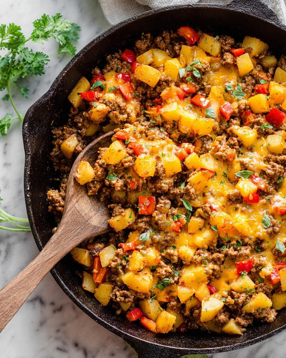 The close-up image shows a black cast iron skillet filled with a colorful mix of cooked ground meat, yellow diced potatoes, and red bell pepper pieces, all topped with melted golden cheese and small green herb leaves scattered on top. A wooden spoon is partly digging into the mixture on the left side of the skillet, lifting a portion of the food. The skillet sits on a white marbled surface with some green herbs placed nearby, creating a fresh and appetizing look. Photo taken with an iphone --ar 4:5 --v 7