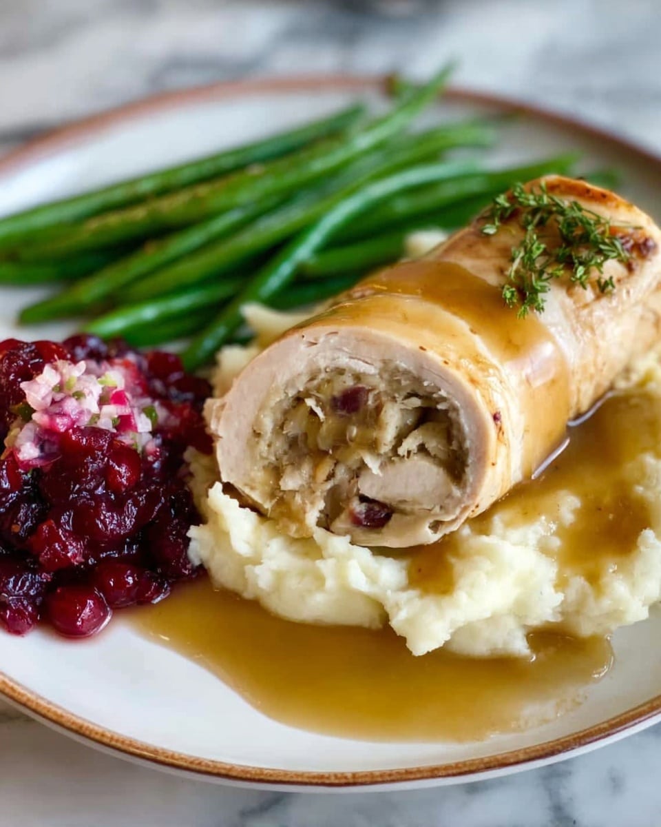 A white plate holds a meal with three main parts: on the right, a rolled slice of light brown turkey breast filled with a light tan stuffing sits atop a layer of creamy white mashed potatoes, all covered with a shiny golden gravy that also pools slightly on the plate below; on the left, a small mound of dark red cranberry sauce mixed with small pieces of light pink and green bits adds color and texture; behind the cranberry sauce, bright green cooked green beans are placed in a neat bundle, completing the plate. The plate is set against a white marbled surface. photo taken with an iphone --ar 4:5 --v 7