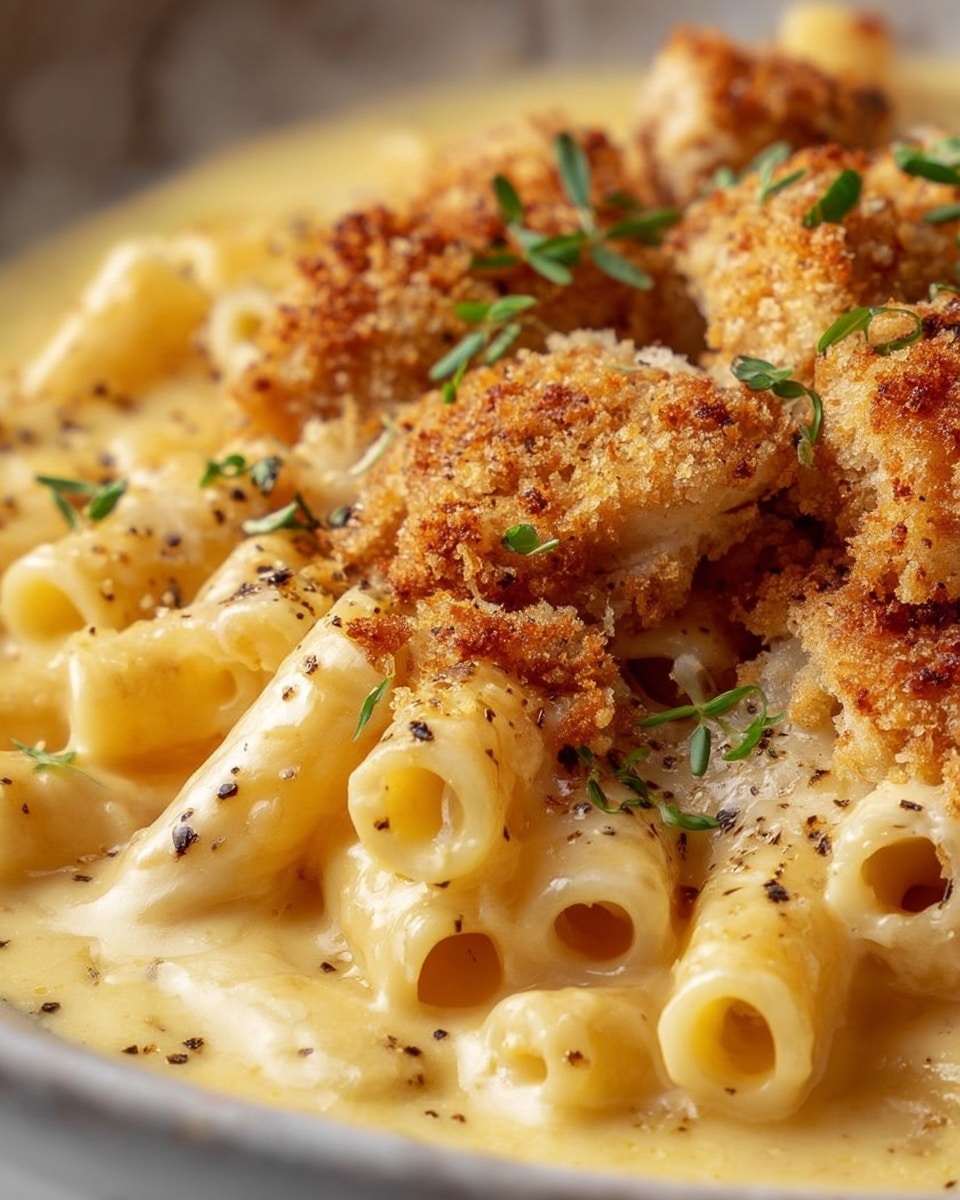 A close-up view of a creamy pasta dish featuring three layers: the bottom layer is smooth, light yellow cheese sauce covering the pasta; the middle layer consists of pale yellow penne pasta pieces with hollow centers visible; the top layer shows golden brown, crispy breaded chicken chunks sprinkled with small green herb leaves and specks of black pepper, all resting on a white marbled surface. photo taken with an iphone --ar 4:5 --v 7