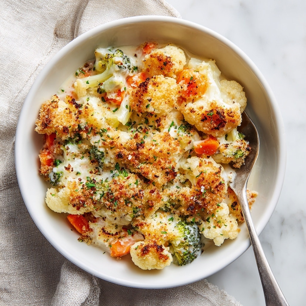 A white bowl filled with a baked vegetable casserole featuring a mix of cauliflower and broccoli florets and small orange carrot pieces. The dish is topped with a golden-brown crispy breadcrumb layer lightly browned in spots. Beneath the topping, melted creamy cheese coats the vegetables, showing a smooth, slightly thick texture. The florets have a mix of white, green, and orange colors with small green herb sprinkles scattered on top. A silver fork is placed inside the bowl on the right side. The bowl is set on a soft light-colored cloth over a white marbled surface. photo taken with an iphone --ar 4:5 --v 7