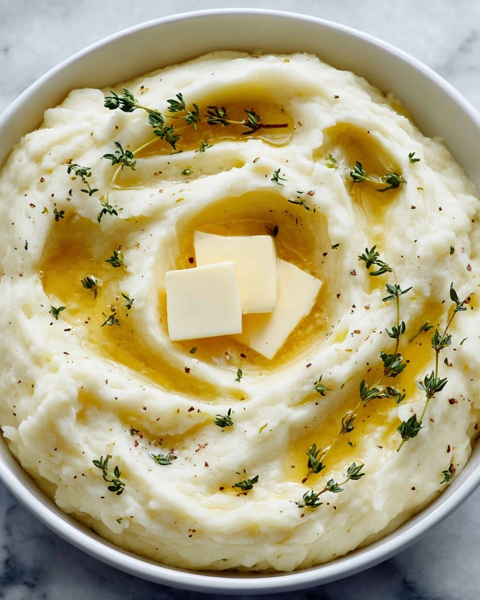 A white bowl is filled with a smooth and creamy layer of mashed potatoes, which are swirled on top to create a textured surface. At the center, there is a square piece of melting butter sitting in a shallow pool of golden melted butter that spreads out in curved lines following the swirls. Bright green chopped herbs are scattered evenly across the mashed potatoes, adding color and freshness. A small sprig of fresh thyme lies atop the mashed potatoes, enhancing the presentation. The bowl sits on a white marbled surface. photo taken with an iphone --ar 4:5 --v 7