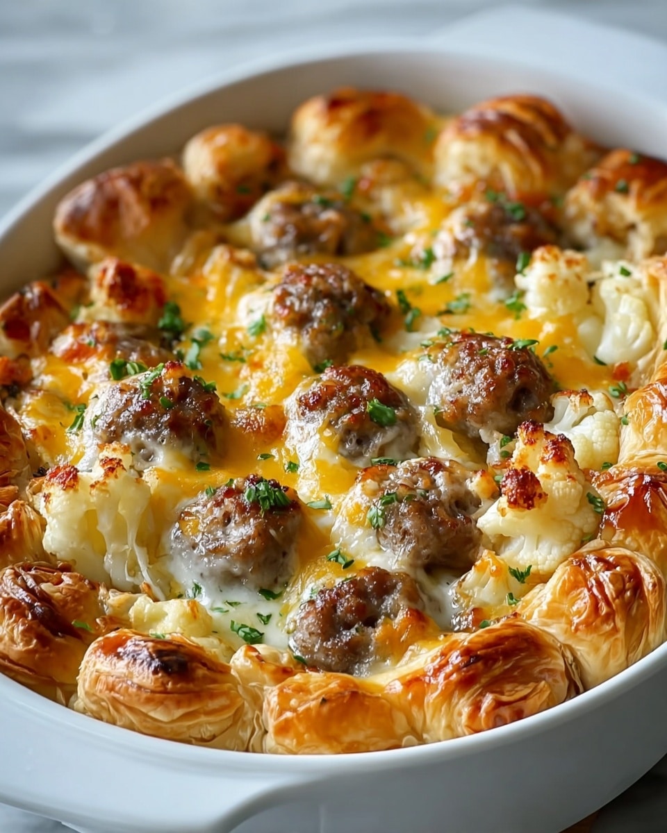 The dish shows a white casserole filled with layered food. The bottom layer is soft and creamy with small cooked cauliflower pieces showing white and pale yellow colors. On top of this, round, browned sausage pieces are scattered across the surface, giving a textured look with a mix of gray and brown colors. Melty yellow cheese covers the dish, holding the sausage pieces in place, with parts looking glossy. Around the edge, rolled golden-brown puff pastry shells frame the dish, showing many flaky layers and a shiny crust. Small bits of chopped green herbs are sprinkled on top for color. The casserole sits on a white marbled surface. photo taken with an iphone --ar 4:5 --v 7