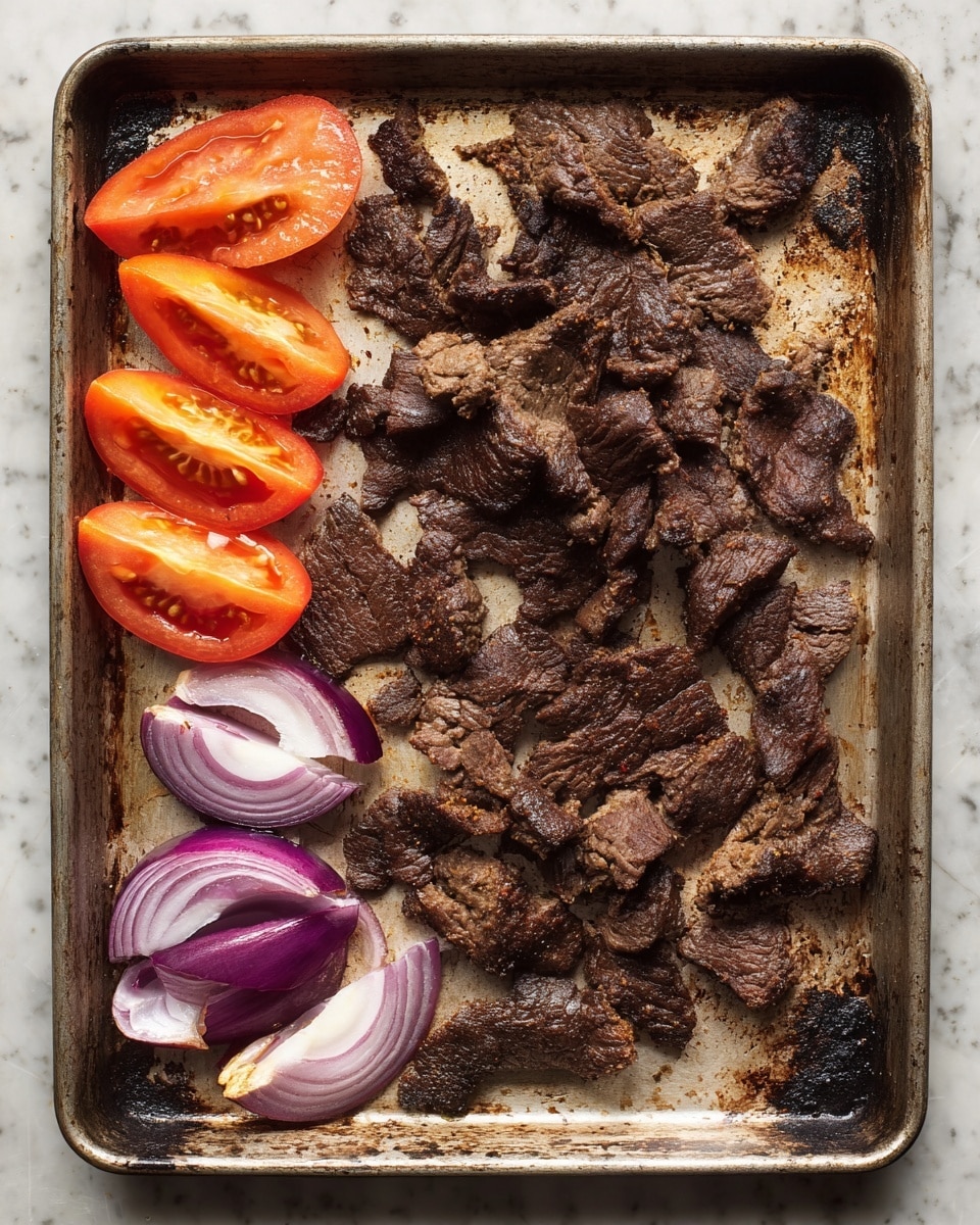 A metal sheet pan filled mostly with thin, dark brown cooked meat pieces spread out unevenly, showing a rough texture with some curled edges and lighter spots. On the left side, there are four orange-red tomato wedges arranged vertically from top to bottom, next to three pieces of sliced purple-red onion with visible white layers inside. The pan itself has a worn, slightly stained surface with darkened spots around the edges. The entire scene sits on a white marbled texture. photo taken with an iphone --ar 4:5 --v 7