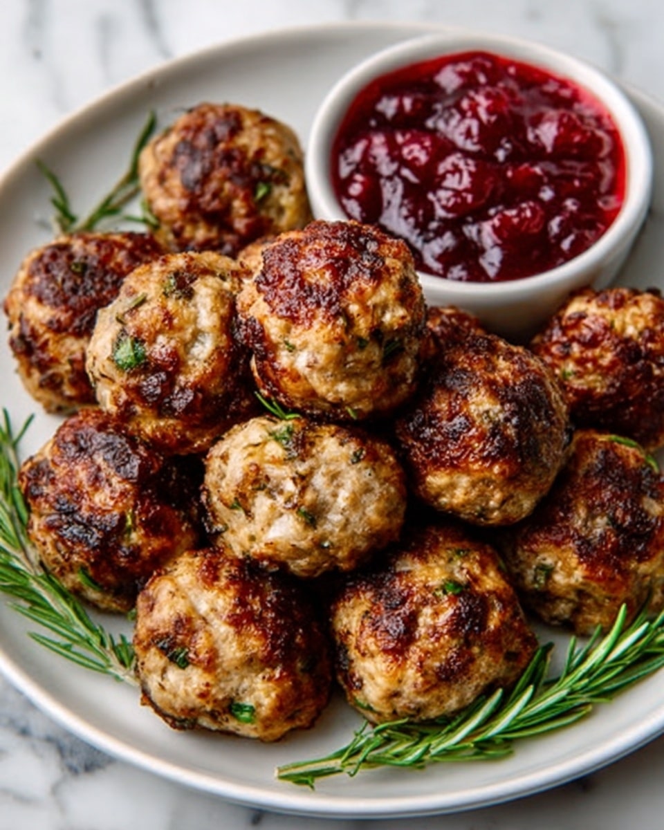 A white plate holds nine small, golden-brown meatballs with a crispy texture and visible bits of herbs and spices. The meatballs are arranged in a loose circular pattern, with fresh green rosemary sprigs used as garnish underneath and around them. To the right side of the plate is a white bowl filled with dark red cranberry sauce, adding a smooth, glossy contrast to the meatballs. The whole setup is placed on a white marbled surface, creating a clean and bright background. photo taken with an iphone --ar 4:5 --v 7