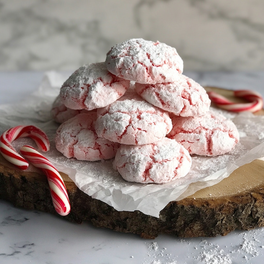 A stack of eight round cookies, each covered thickly in white powdered sugar that shows a hint of soft pink underneath, rests on white crumpled parchment paper placed on a rough-textured brown wooden slab. Two white and red striped candy canes lean against the base of the wood on opposite sides of the cookie pile. The scene is set against a soft, blurred white marbled surface in the background, creating a light, festive feel. Photo taken with an iphone --ar 4:5 --v 7