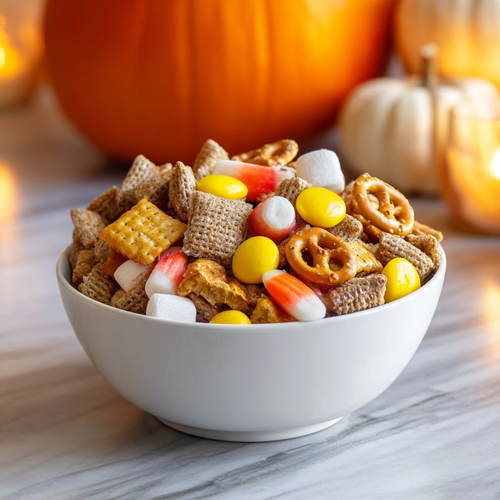 A white bowl filled with a colorful autumn snack mix sits on a white marbled surface with a blurred pumpkin and an orange candle in the background. The mix has multiple layers and textures including square orange crackers, small white marshmallows, candy corn in yellow, white, and orange, dark and light brown cereals with fine woven patterns, round pretzels, and yellow candy-coated chocolates. Each piece is mixed evenly, creating a vibrant contrast between the soft marshmallows, crunchy cereals, and bright candies, giving a cozy, festive feeling. Photo taken with an iphone --ar 4:5 --v 7