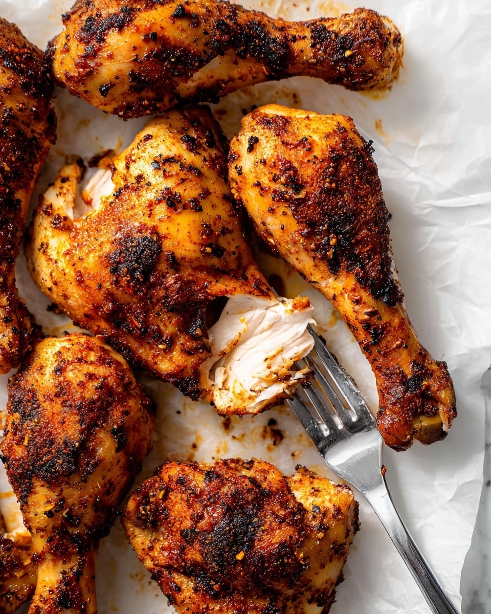 The image shows several pieces of grilled chicken drumsticks arranged on a white marbled surface. The drumsticks have a crispy, golden-brown skin with visible blackened grill marks and spices scattered over them. One drumstick is pierced by a metal fork with a black handle, showing tender white meat inside, slightly pulled apart to reveal the texture. The chicken pieces are coated with a shiny glaze, making them appear juicy and flavorful. Photo taken with an iphone --ar 4:5 --v 7