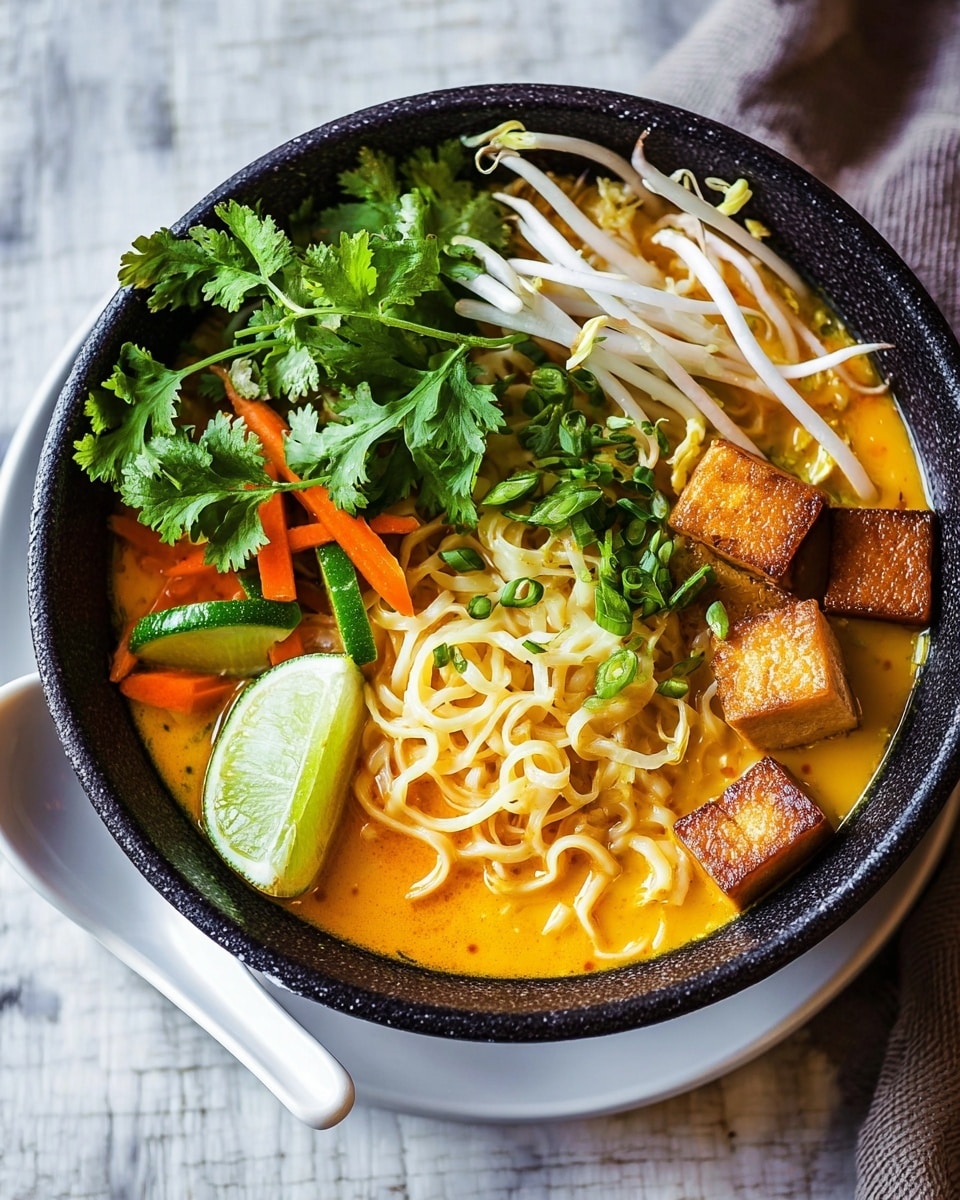 The image shows a bowl of yellow noodles in a bright yellow broth. The bowl is white with a textured edge. On top of the noodles, there are a few chickpeas and some fresh green cilantro leaves scattered as garnish. The broth looks smooth and has a rich, warm color. The noodles are arranged in a loose coil with the toppings resting gently on them. The bowl sits on a white marbled surface. photo taken with an iphone --ar 4:5 --v 7