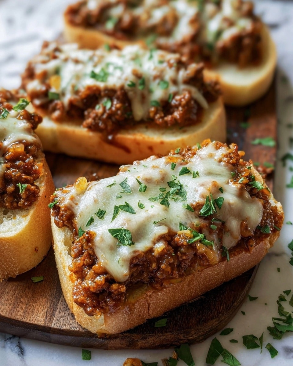 The image shows three slices of toasted white bread topped with three layers: the bottom layer is melted cheddar cheese with a bright orange color, the middle layer is cooked ground beef in a rich brown sauce with a slightly chunky texture, and the top layer is melted mozzarella cheese that is white and gooey, sprinkled with fresh chopped green parsley. The slices are placed on a wooden board with some scattered parsley around, all set on a white marbled surface. The image captures the warm, gooey texture of the melted cheese and the savory, hearty look of the ground beef. Photo taken with an iphone --ar 4:5 --v 7