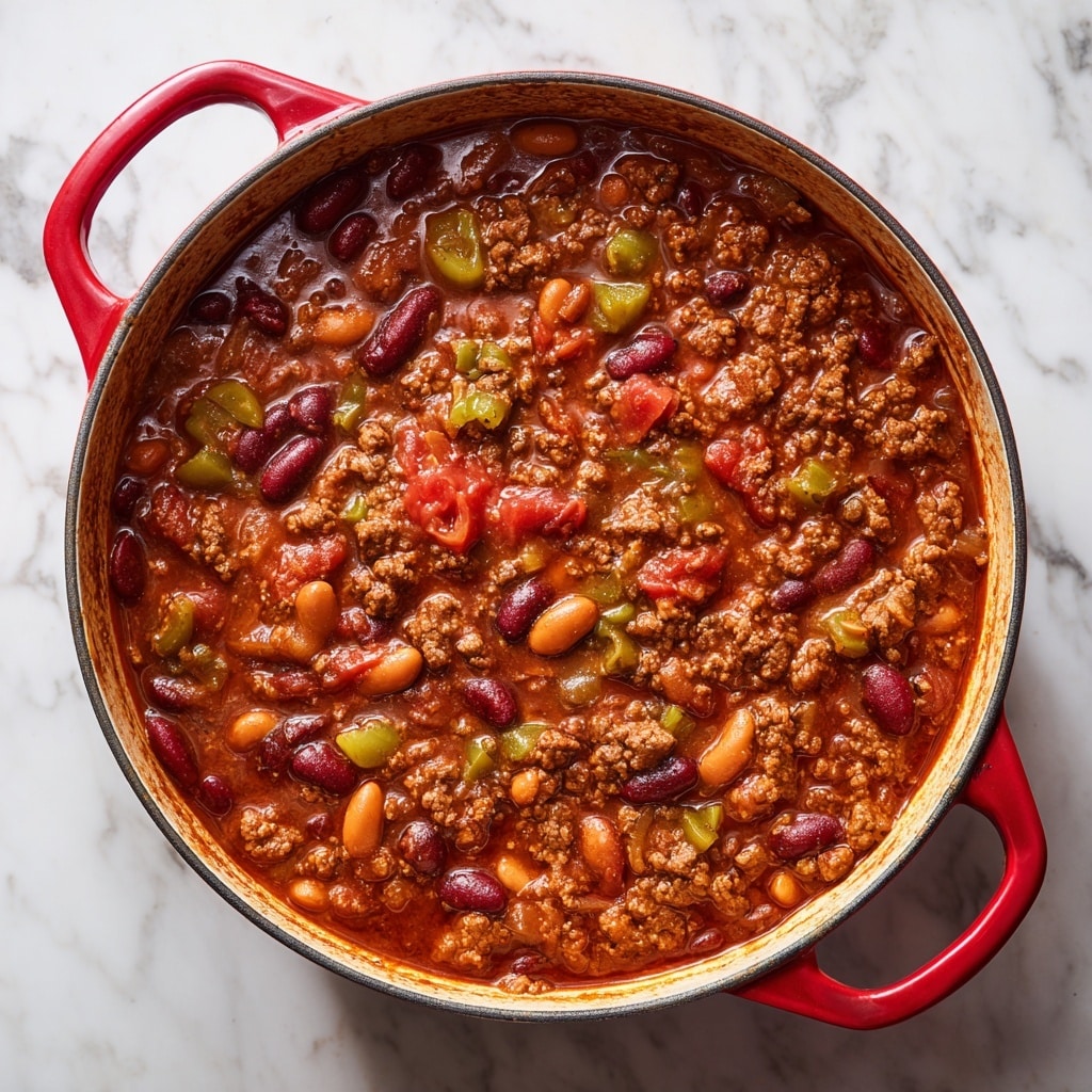 A red pot filled to the top with thick chili showing many layers of ingredients; the base layer is a rich, dark reddish-brown sauce with a glossy texture, mixed with visible pieces of cooked ground meat in brown and chunks of green peppers; scattered throughout are different types of beans in shades of light brown, red, and orange, along with small tomato chunks adding bright red spots. The pot is sitting on a stove, with the inner rim of the pot showing a ring of sauce residue. The background is a white marbled texture. Photo taken with an iphone --ar 4:5 --v 7