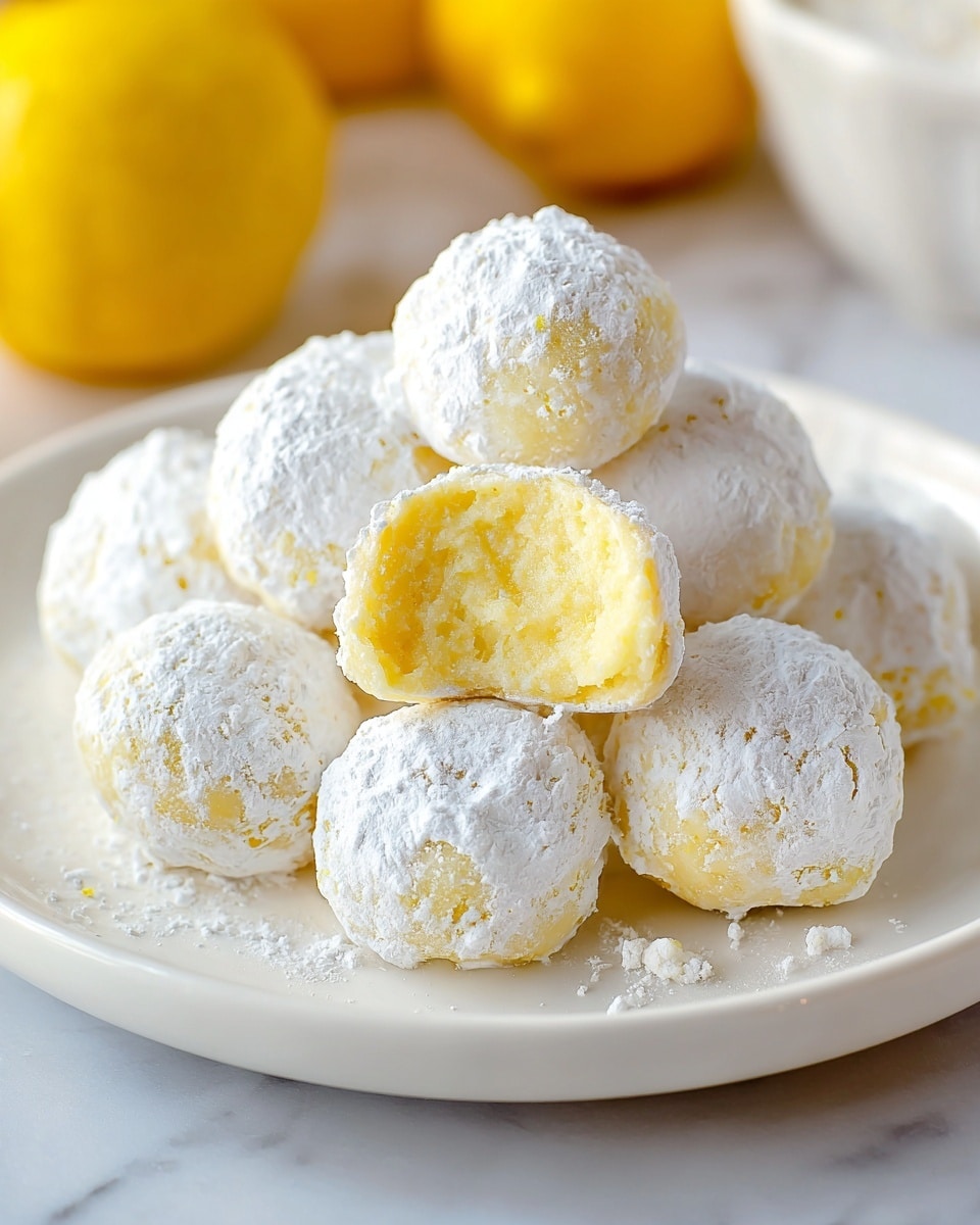 A white plate holds a pile of round lemon cookies dusted with white powdered sugar, showing a cracked texture on the outside. Several cookies are broken open, revealing a soft yellow inside with a smooth lemon cream layer in the center. The plate is decorated with bright yellow lemon wedges, and whole lemons sit blurred in the background on a white marbled surface. The image has a soft light that highlights the powdered sugar and creamy filling, making the cookies look fresh and inviting. photo taken with an iphone --ar 4:5 --v 7