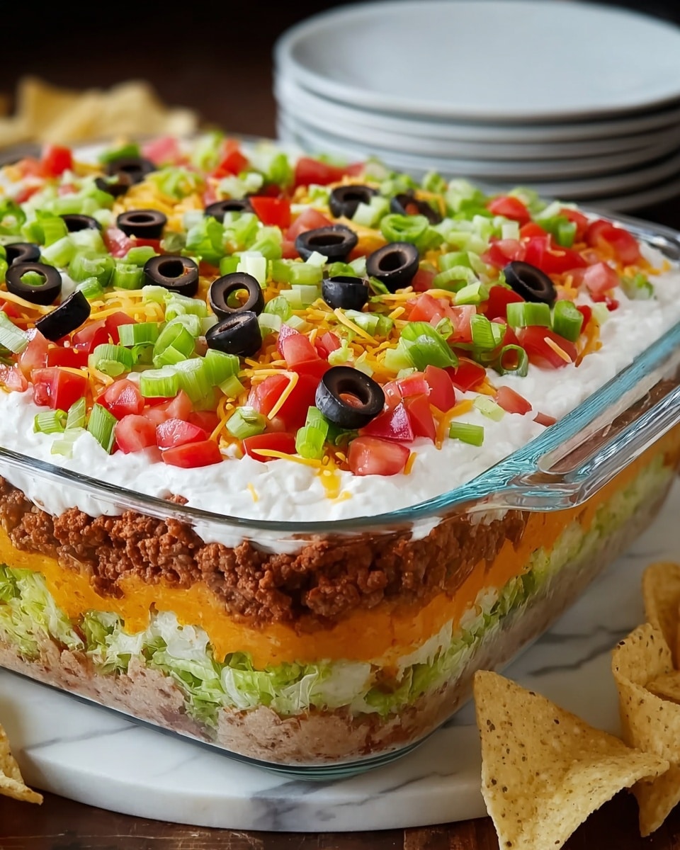 A clear glass dish shows seven colorful layers stacked inside: the bottom layer looks like crushed chips in light brown, followed by a layer of chopped green lettuce, then a layer of melted orange cheese, a layer of red diced tomatoes mixed with more green, then a layer of cooked brown ground meat, topped with a smooth white cream layer, and finally covered with shredded yellow cheese, diced red tomatoes, chopped green peppers and celery, and black olive slices scattered on top. The dish is set on a white marbled surface with some tortilla chips next to it, and a blurred stack of white plates in the background. photo taken with an iphone --ar 4:5 --v 7