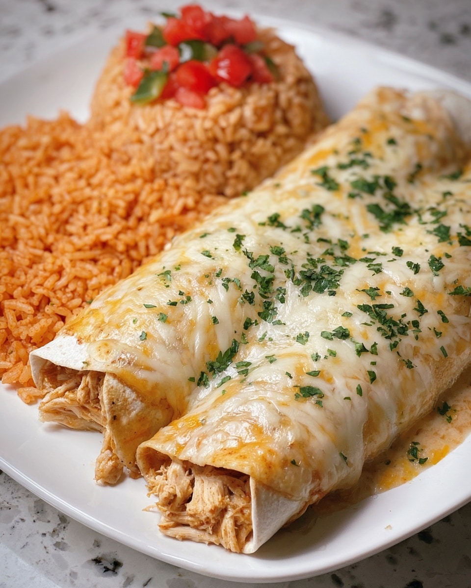 A white plate holds two large rolled tortillas, each filled with shredded chicken, covered with a melted layer of light golden cheese sprinkled with green herbs on top. Behind the tortillas, there are two small mounds of rice: one is an orange-colored Mexican rice, and the other is a light brown rice topped with small red tomato chunks mixed with green herbs. The plate is set on a white marbled surface. photo taken with an iphone --ar 4:5 --v 7