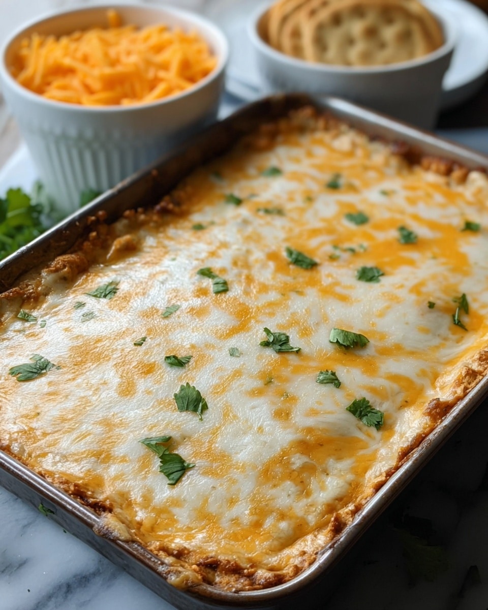 A close-up of a rectangular baking tray filled with a layered dish showing at least three layers: the bottom layer is a light golden tortilla base, topped with a thick creamy white sauce mixed with light brown beans, then covered with a melted cheese layer that is a blend of yellow and white, slightly browned on the edges, garnished with small green herb pieces scattered on top. The tray is placed on a table with some chips visible in the background on a white marbled surface. Photo taken with an iphone --ar 4:5 --v 7