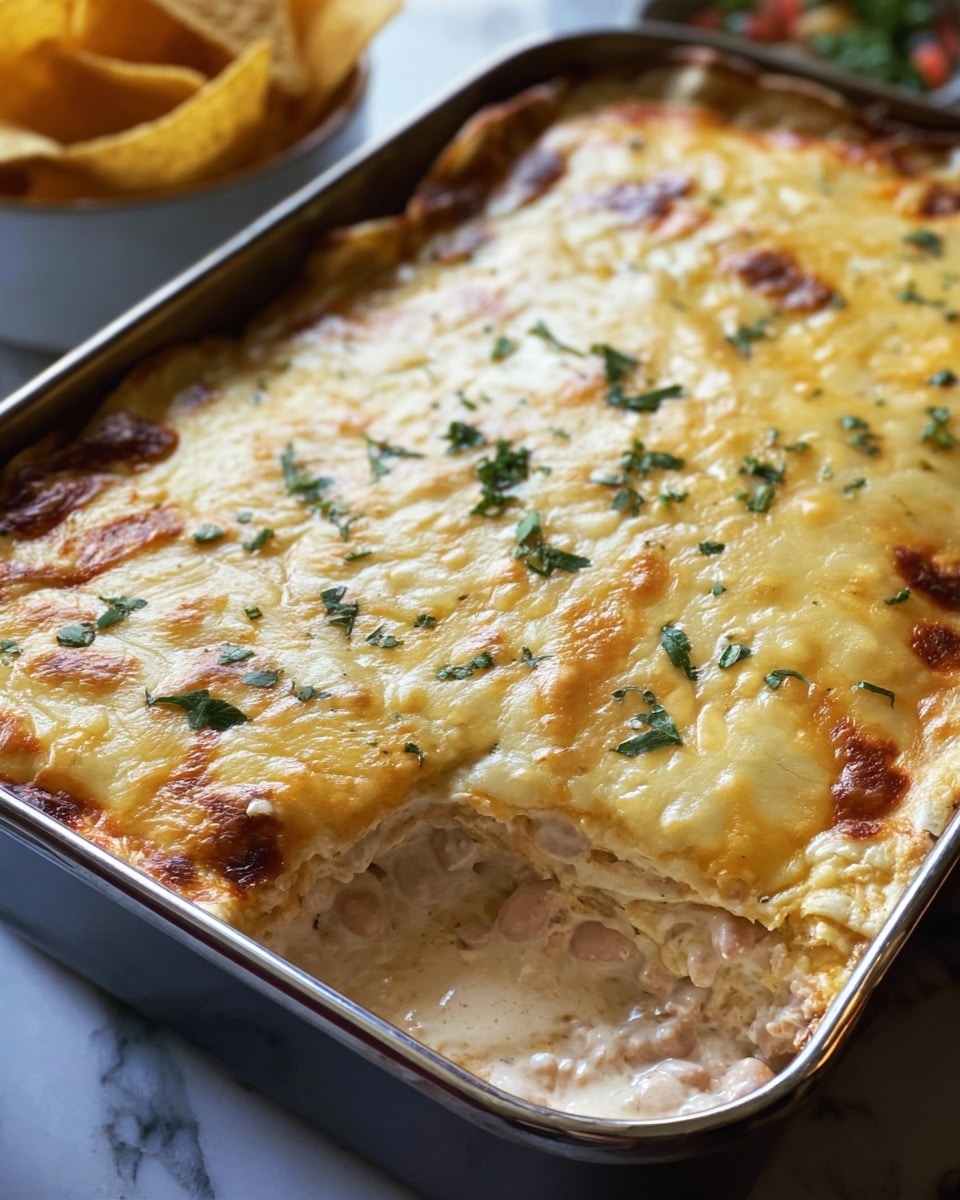 A rectangular baked dish with a golden brown crust layer at the bottom, topped with a thick layer of melted cheese in white and orange colors evenly spread across the surface, sprinkled with small green cilantro leaves for color contrast. The edges of the crust are visible all around, slightly rough and crunchy looking. In the background, two white bowls filled with shredded orange cheese sit on a white marbled surface. A white plate with some crackers is also partly visible. The lighting highlights the gooey texture of the melted cheese. Photo taken with an iphone --ar 4:5 --v 7