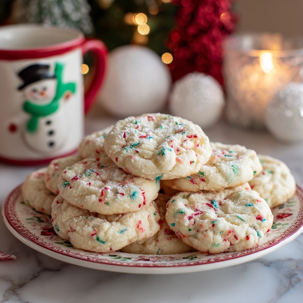 The image shows a plate full of soft cookies decorated with red, green, and white sprinkles mixed into the dough, dusted lightly with powdered sugar on top. There are two main layers of cookies: one layer is flat and spread out on the plate, and the other is a neat stack of seven cookies placed in the center. The plate holding the cookies is white with a decorative red and green leaf pattern around the rim. In the background, there is a festive setting with a snowman decoration, a lit candle, and some small white and silver ornaments, all placed on a white marbled surface. photo taken with an iphone --ar 4:5 --v 7
