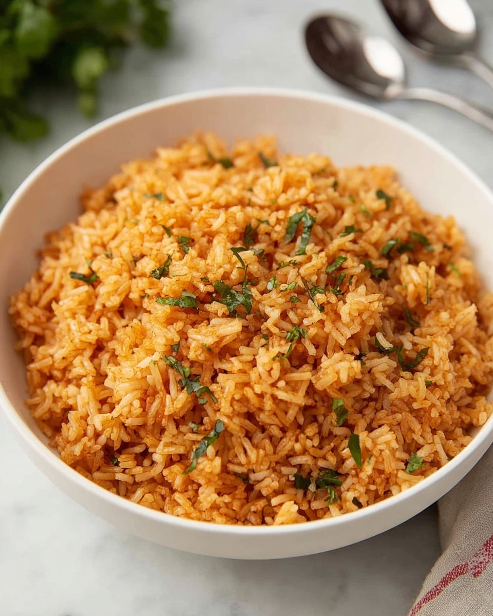 A white bowl filled with a single layer of orange-brown fried rice, each grain separate and fluffy with small bits of green herbs scattered evenly on top. The rice shows a slightly oily and textured surface that makes it look flavorful. The bowl is placed on a white marbled surface, and blurred forks are visible in the background. photo taken with an iphone --ar 4:5 --v 7