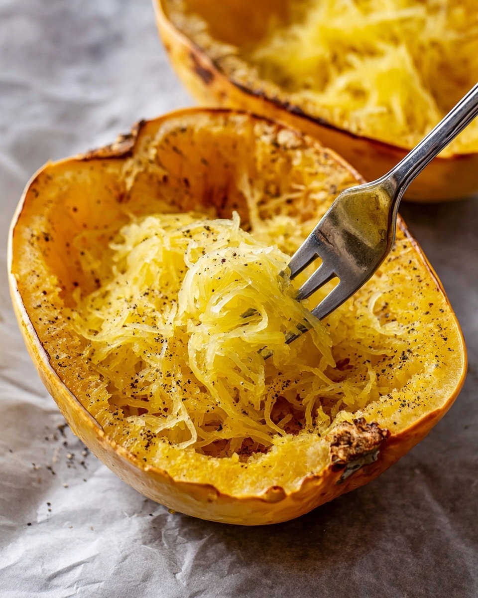 The image shows two halves of roasted spaghetti squash placed on a white marbled surface. Each half has a bright yellow inner flesh with a slightly browned and caramelized edge. The yellow strands of the squash are shredded and slightly separated, with small black pepper specks sprinkled on top. A metallic fork is digging into one half, lifting some of the shredded strands. The skin of the squash is a pale yellow with a smooth texture, and the overall look is warm and rustic. Photo taken with an iphone --ar 4:5 --v 7
